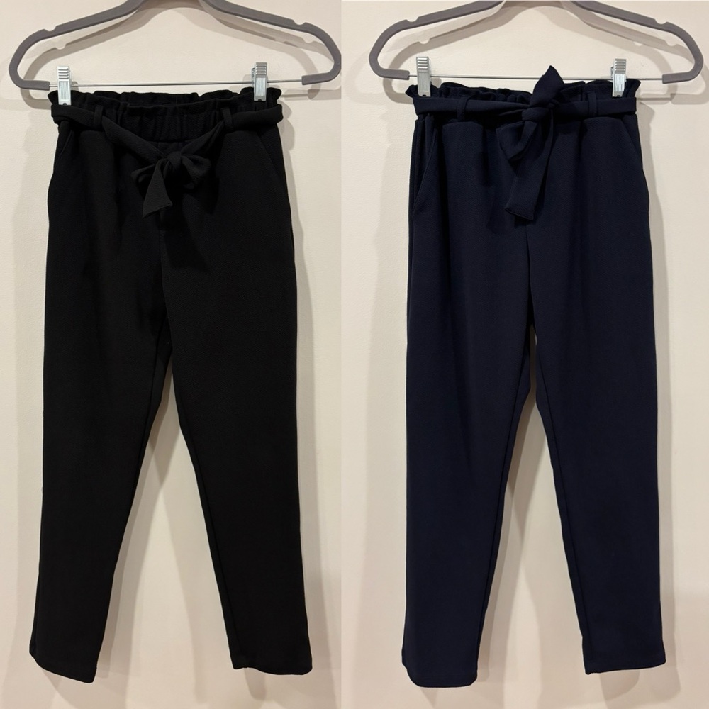 Mayoral BUNDLE TWO PAIR Girl's Bow Belt Tie Pant Navy Black Stretchy Uniform 12